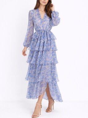 SHONA JOY Garner Maxi Dress Women’s Size 6 Blue Floral Formal Event Ruffle Boho